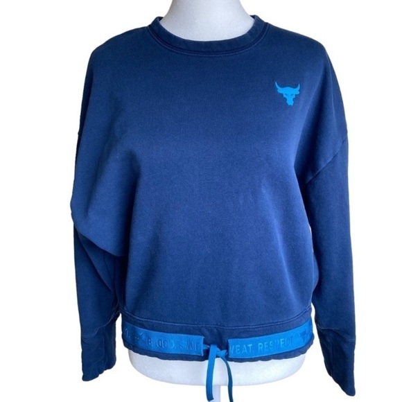 Under Armour Project Rock Sweater Crewneck Sweatshirt Drawstring Crop Navy S - Picture 1 of 15